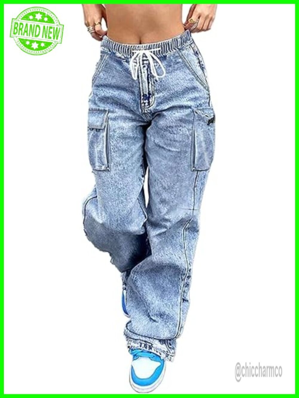 Wide Leg High Waisted Stretchy Multi Pockets Baggy Cargo Jeans Women
